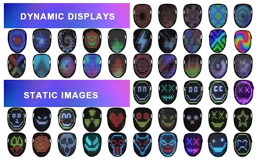 LED mask with 50 lighting patterns for Halloween and cosplay, featuring gesture-sensing technology and durable plastic construction