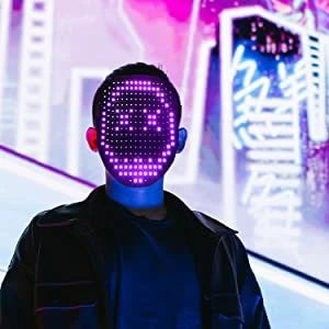 LED mask with 50 lighting patterns for Halloween and cosplay, featuring gesture-sensing technology and durable plastic construction