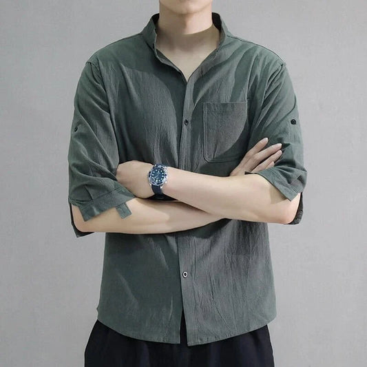 Premium cotton and linen men's short-sleeved shirt in white, black, and green colours, featuring a tailored design and breathable fabric