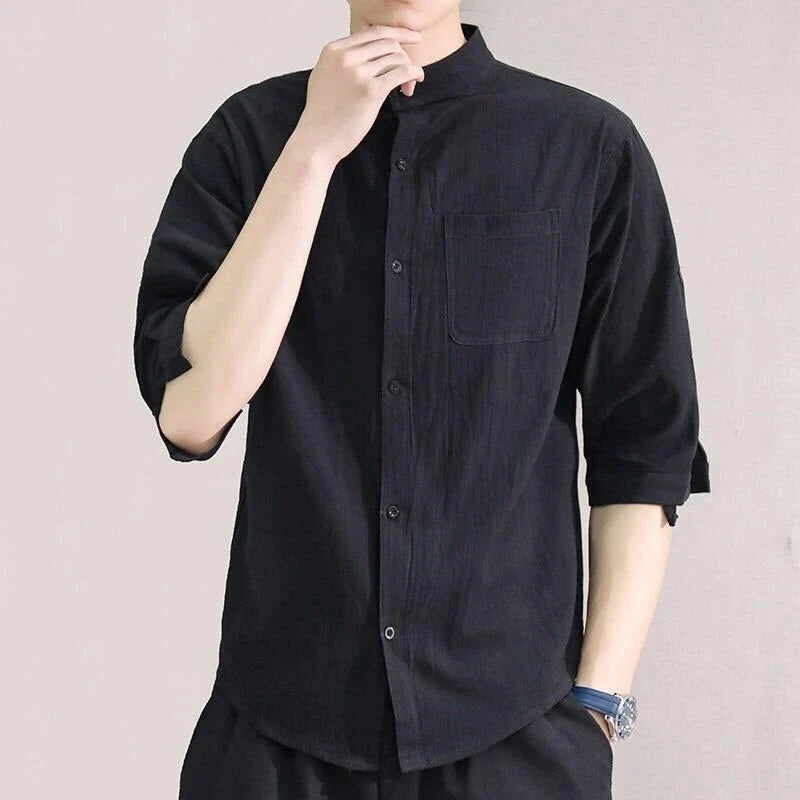 Premium cotton and linen men's short-sleeved shirt in white, black, and green colours, featuring a tailored design and breathable fabric