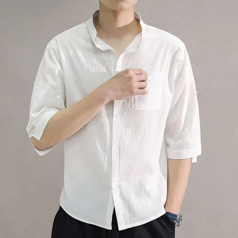 Premium cotton and linen men's short-sleeved shirt in white, black, and green colours, featuring a tailored design and breathable fabric