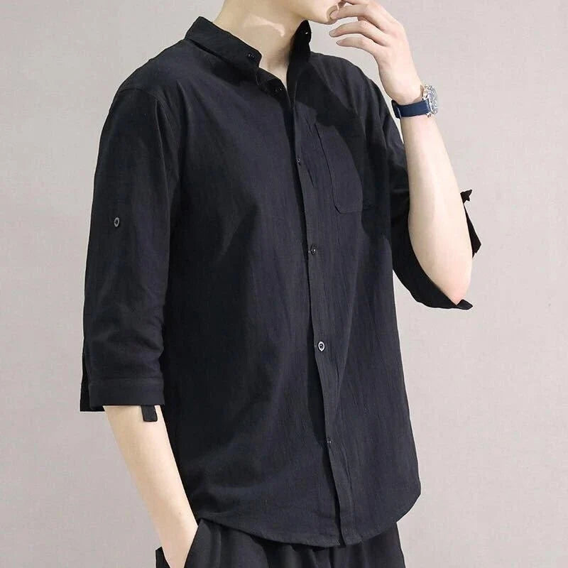 Premium cotton and linen men's short-sleeved shirt in white, black, and green colours, featuring a tailored design and breathable fabric