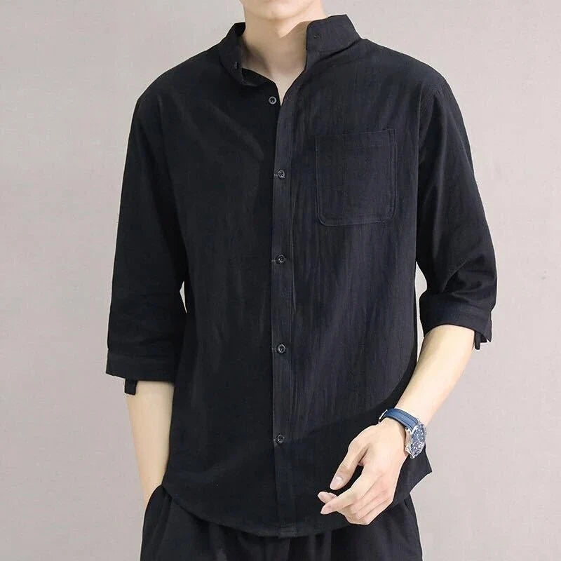 Premium cotton and linen men's short-sleeved shirt in white, black, and green colours, featuring a tailored design and breathable fabric