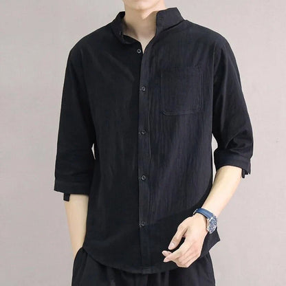 Premium cotton and linen men's short-sleeved shirt in white, black, and green colours, featuring a tailored design and breathable fabric