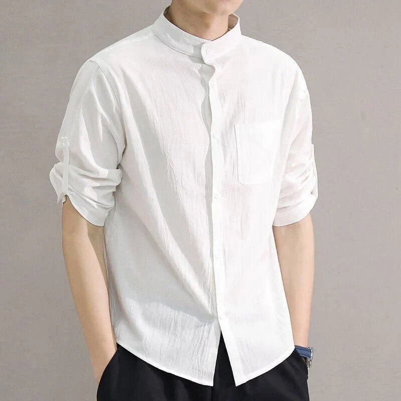 Premium cotton and linen men's short-sleeved shirt in white, black, and green colours, featuring a tailored design and breathable fabric