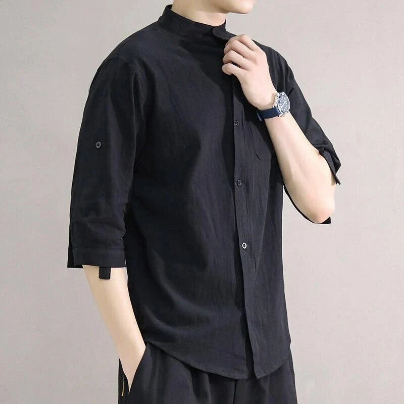 Premium cotton and linen men's short-sleeved shirt in white, black, and green colours, featuring a tailored design and breathable fabric
