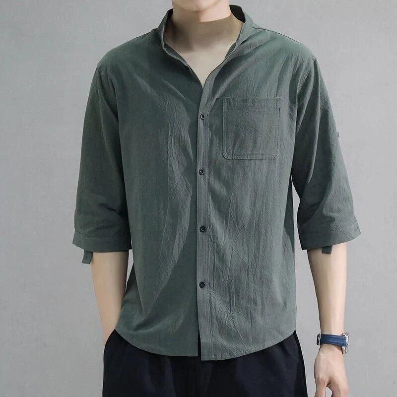 Premium cotton and linen men's short-sleeved shirt in white, black, and green colours, featuring a tailored design and breathable fabric