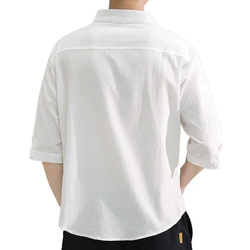 Premium cotton and linen men's short-sleeved shirt in white, black, and green colours, featuring a tailored design and breathable fabric