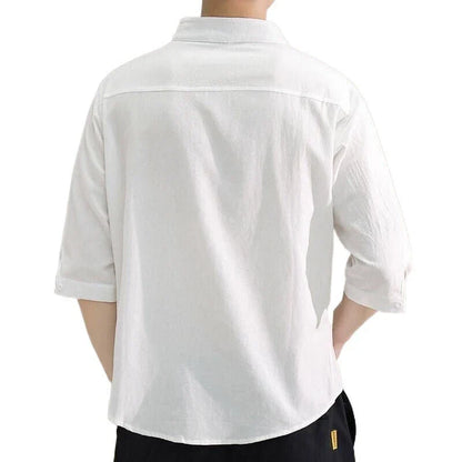 Premium cotton and linen men's short-sleeved shirt in white, black, and green colours, featuring a tailored design and breathable fabric