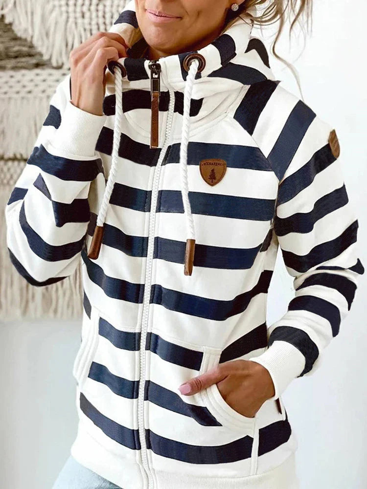 European and American inspired women's hooded cardigan sweatshirt in white and dark blue stripes