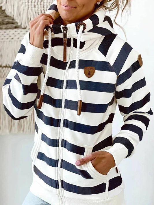 European and American inspired women's hooded cardigan sweatshirt in white and dark blue stripes