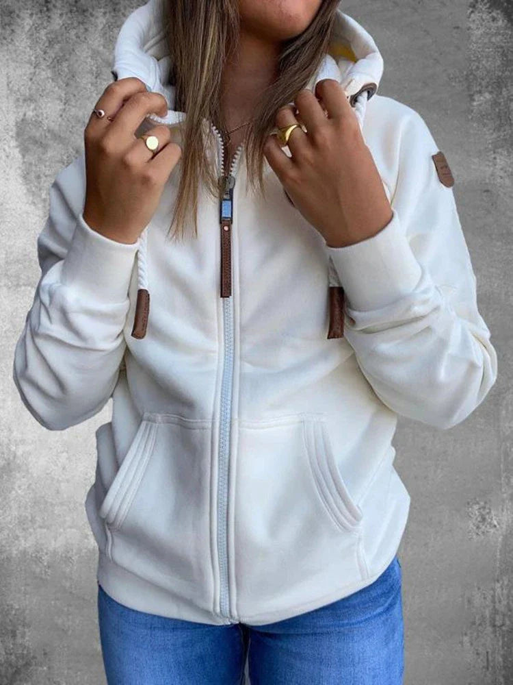 European and American inspired women's hooded cardigan sweatshirt in white and dark blue stripes