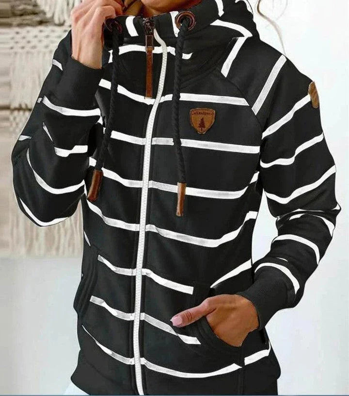 European and American inspired women's hooded cardigan sweatshirt in white and dark blue stripes