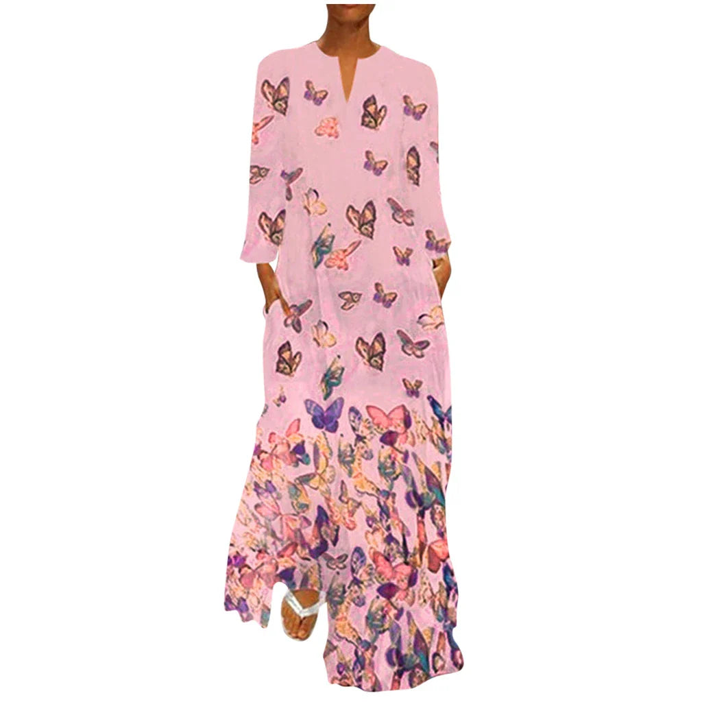 Elegant long-sleeved dress made with premium rabbit fur and featuring a delicate butterfly print design
