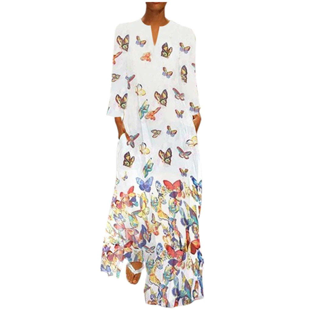 Elegant long-sleeved dress made with premium rabbit fur and featuring a delicate butterfly print design