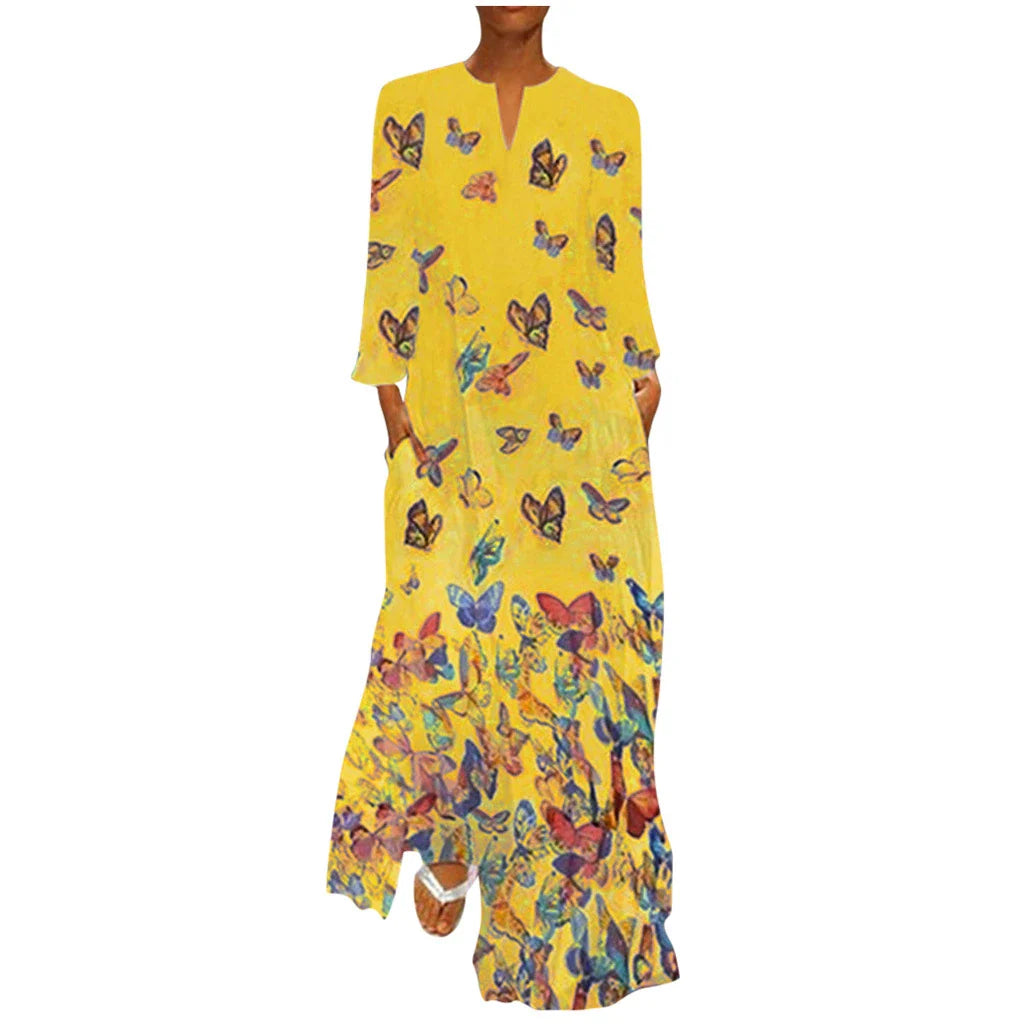 Elegant long-sleeved dress made with premium rabbit fur and featuring a delicate butterfly print design