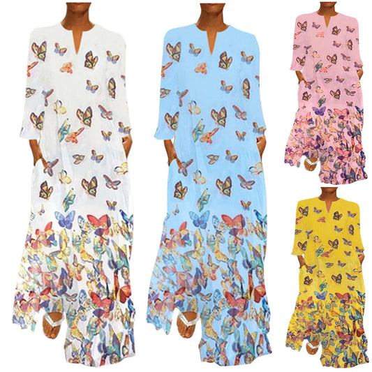 Elegant long-sleeved dress made with premium rabbit fur and featuring a delicate butterfly print design