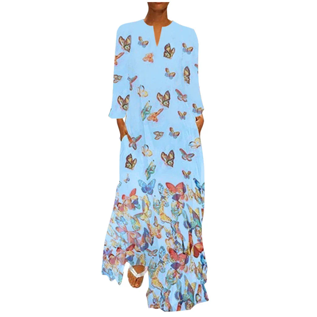 Elegant long-sleeved dress made with premium rabbit fur and featuring a delicate butterfly print design