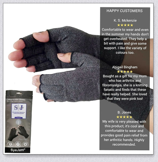 A pair of NHS Compression Arthritis Relief Gloves in different colours, designed to provide pain relief and improved mobility for those suffering from rheumatoid arthritis and osteoarthritis.