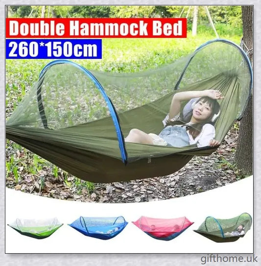 Premium 2-person portable outdoor hammock with mosquito-resistant technology, perfect for camping and leisure activities.