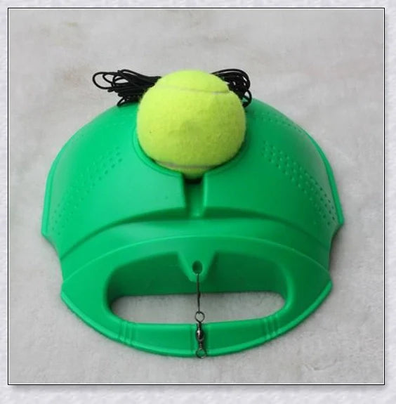 A self-training tennis tool that allows solo practice sessions with an adjustable rebound ball.