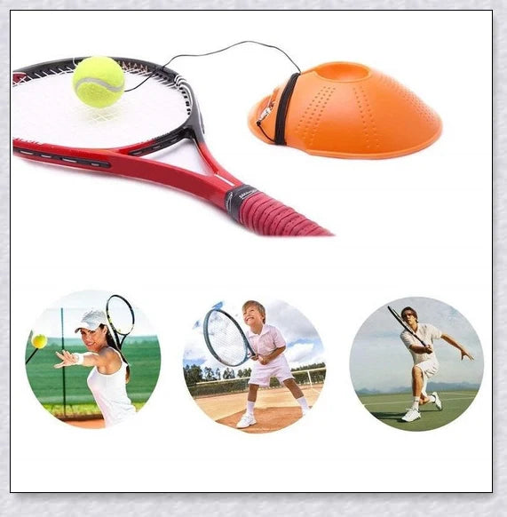 A self-training tennis tool that allows solo practice sessions with an adjustable rebound ball.