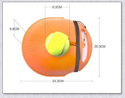 A self-training tennis tool that allows solo practice sessions with an adjustable rebound ball.