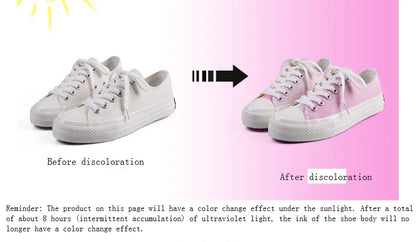Pair of colour-changing canvas shoes with a white upper and a flat, rubber sole
