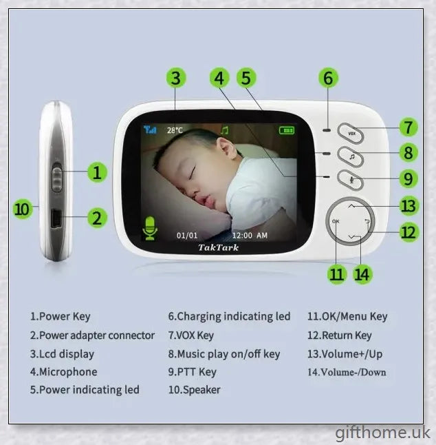 3.2 Inch Digital Baby Care Device with two-way intercom, temperature monitoring, and built-in music player
