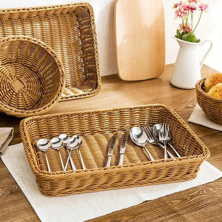 Hand-woven rattan storage basket with natural, rustic charm for home organisation and décor