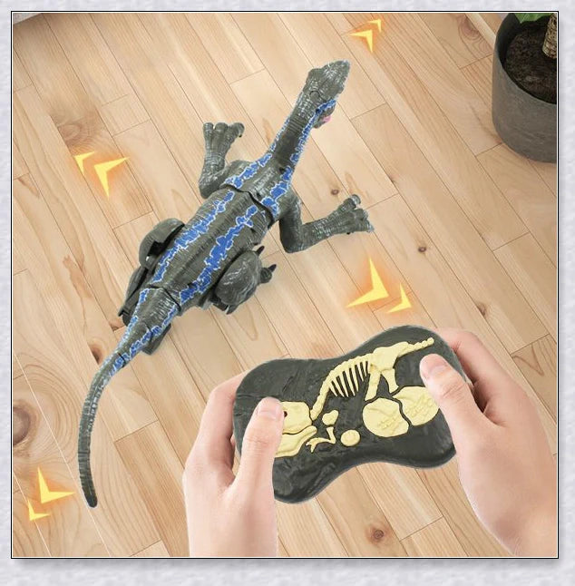 Remote control dinosaur toy with realistic walking, roaring, and light-up features for kids aged 6-12