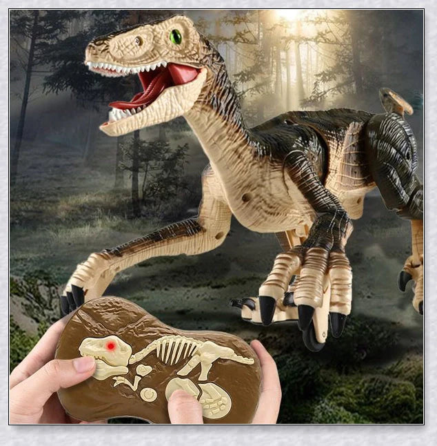 Remote control dinosaur toy with realistic walking, roaring, and light-up features for kids aged 6-12