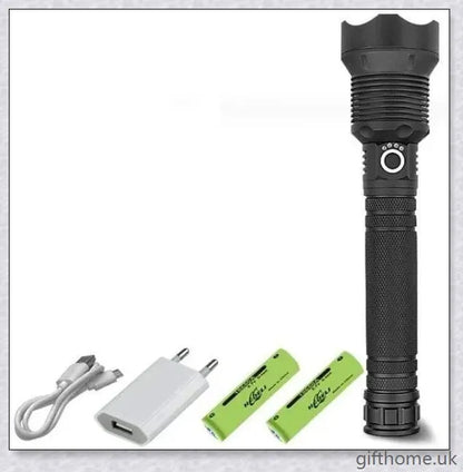 Ultra-bright 90,000 lumens XHP70.2 LED flashlight with aerospace-grade aluminium alloy body and IPX6 waterproof rating