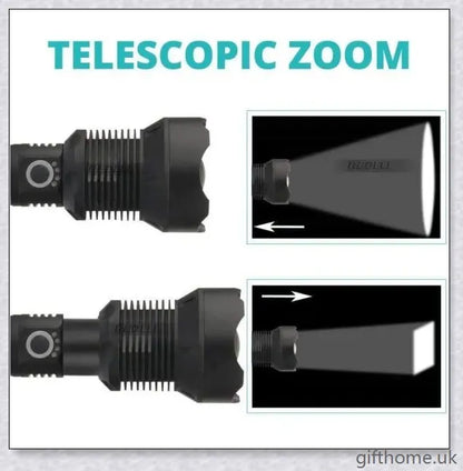 Ultra-bright 90,000 lumens XHP70.2 LED flashlight with aerospace-grade aluminium alloy body and IPX6 waterproof rating