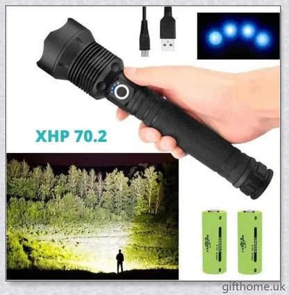 Ultra-bright 90,000 lumens XHP70.2 LED flashlight with aerospace-grade aluminium alloy body and IPX6 waterproof rating