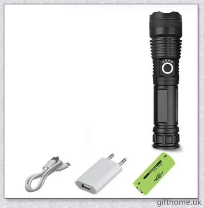 Ultra-bright 90,000 lumens XHP70.2 LED flashlight with aerospace-grade aluminium alloy body and IPX6 waterproof rating