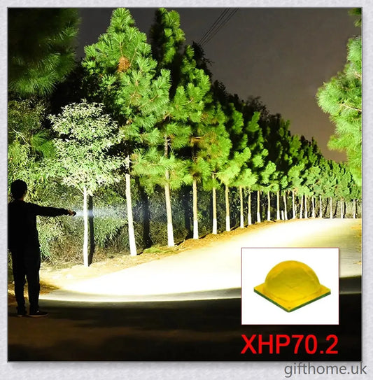 Ultra-bright 90,000 lumens XHP70.2 LED flashlight with aerospace-grade aluminium alloy body and IPX6 waterproof rating