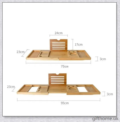 Bamboo bathtub storage rack with essential toiletries neatly arranged on the shelves