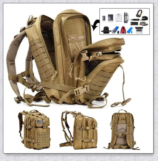Rugged and water-resistant 40-litre military tactical backpack with multiple compartments and adjustable straps for comfortable carrying.