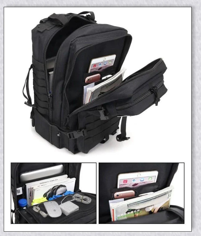 Rugged and water-resistant 40-litre military tactical backpack with multiple compartments and adjustable straps for comfortable carrying.