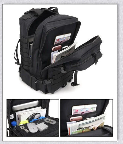 Rugged and water-resistant 40-litre military tactical backpack with multiple compartments and adjustable straps for comfortable carrying.