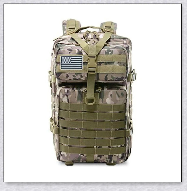 Rugged and water-resistant 40-litre military tactical backpack with multiple compartments and adjustable straps for comfortable carrying.
