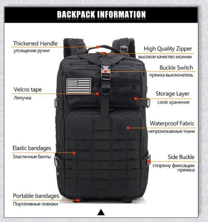 Rugged and water-resistant 40-litre military tactical backpack with multiple compartments and adjustable straps for comfortable carrying.