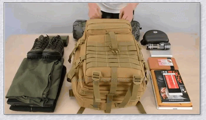 Rugged and water-resistant 40-litre military tactical backpack with multiple compartments and adjustable straps for comfortable carrying.