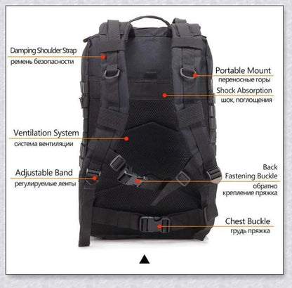 Rugged and water-resistant 40-litre military tactical backpack with multiple compartments and adjustable straps for comfortable carrying.