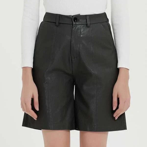 Elegant knee-length PU leather shorts for women in gray, featuring a regular fit design with a mid-rise waist and elastic waistband for maximum comfort and style.