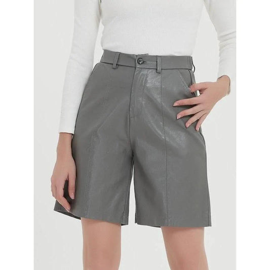 Elegant knee-length PU leather shorts for women in gray, featuring a regular fit design with a mid-rise waist and elastic waistband for maximum comfort and style.