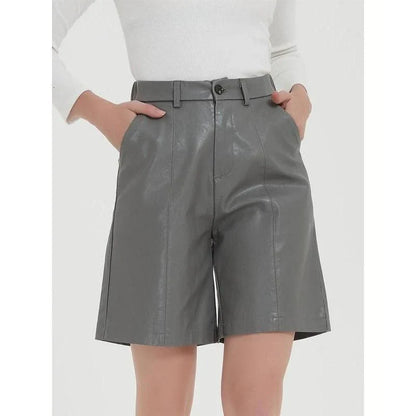 Elegant knee-length PU leather shorts for women in gray, featuring a regular fit design with a mid-rise waist and elastic waistband for maximum comfort and style.