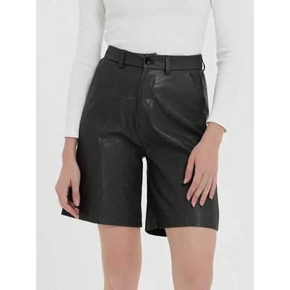 Elegant knee-length PU leather shorts for women in gray, featuring a regular fit design with a mid-rise waist and elastic waistband for maximum comfort and style.
