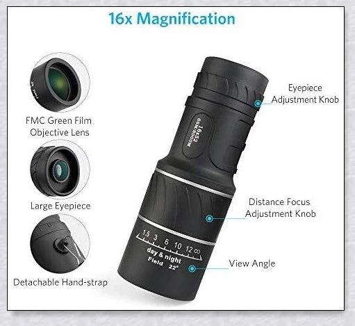 Premium handheld monocular telescope with powerful 16x magnification and fully-coated optics for clear, glare-free viewing